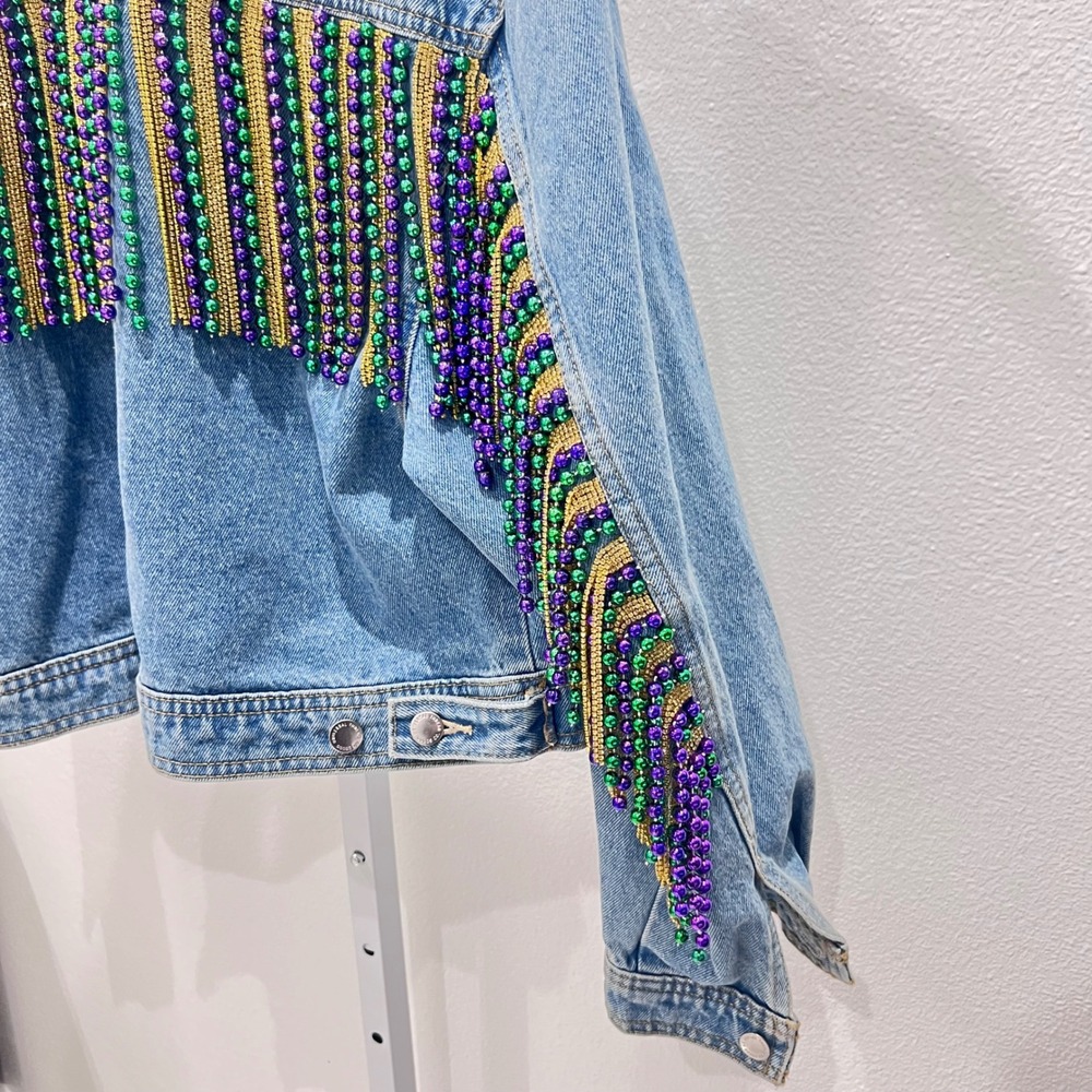 Mardi Gras Festival Women Fringe  DenimJacket XL Embellishment Rhinestone Sequin - Picture 7 of 14
